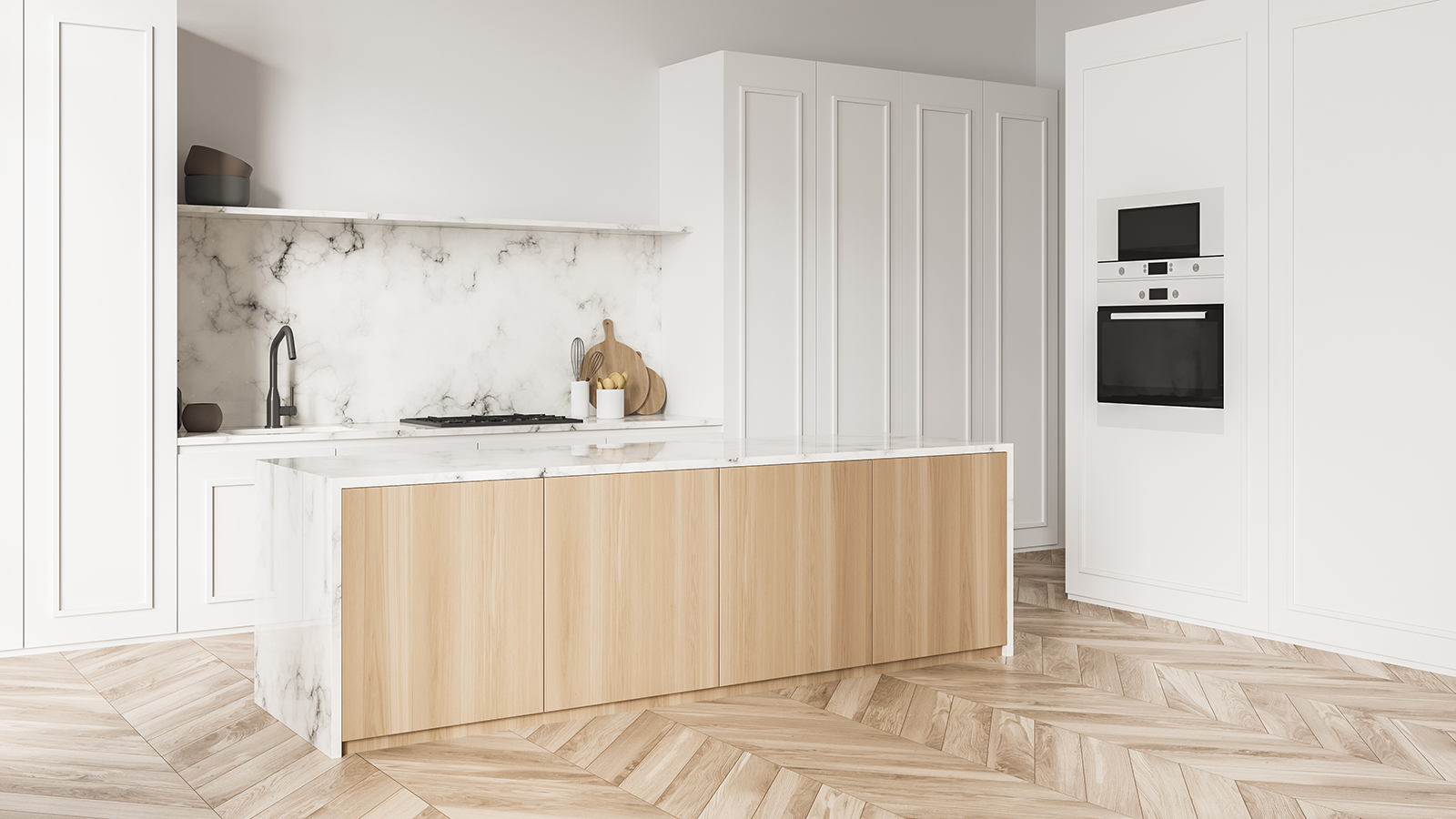 White kitchen interior with marble backsplash, original cabinets with panels, bar with wood storage and parquet flooring. A concept of modern house design. 3d rendering